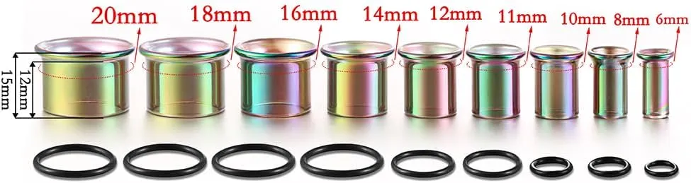 2Pcs Glass Ear Plugs and Tunnels Gauges - Crystal Clear & Rainbow, Hypoallergenic, Single Flared Saddle with O-Rings, Size 6mm-20mm Ear Expander Body Jewelry for Stretched Ears