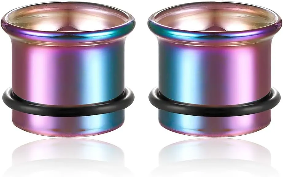 2Pcs Glass Ear Plugs and Tunnels Gauges - Crystal Clear & Rainbow, Hypoallergenic, Single Flared Saddle with O-Rings, Size 6mm-20mm Ear Expander Body Jewelry for Stretched Ears