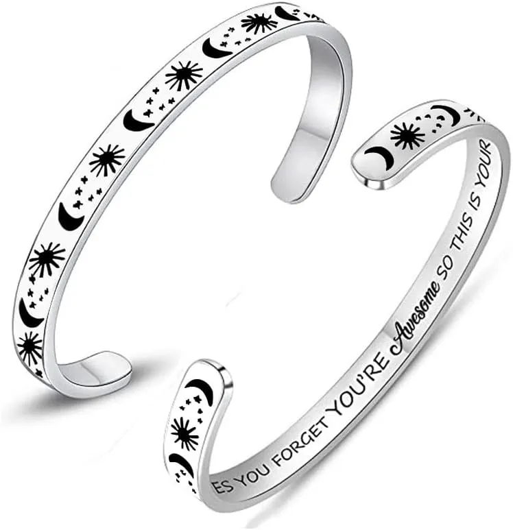 2pcs Personalized Cuff Bracelets for Women Her Stainless Steel Inspire Cuff Bangle Friendship Motivational Jewelry Colleagues Bridesmaids Birthday Graduation Gifts