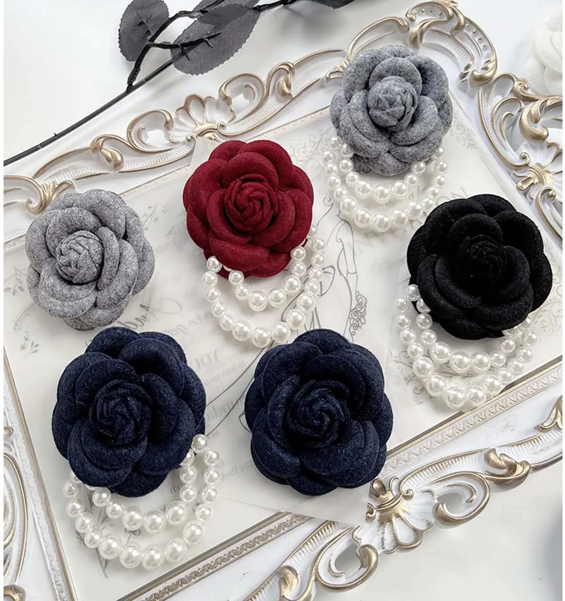 2pcs Rose Flower Brooch Pins for Women Vintage Wool Camellia Pearl Tassel Floral Brooches Pin