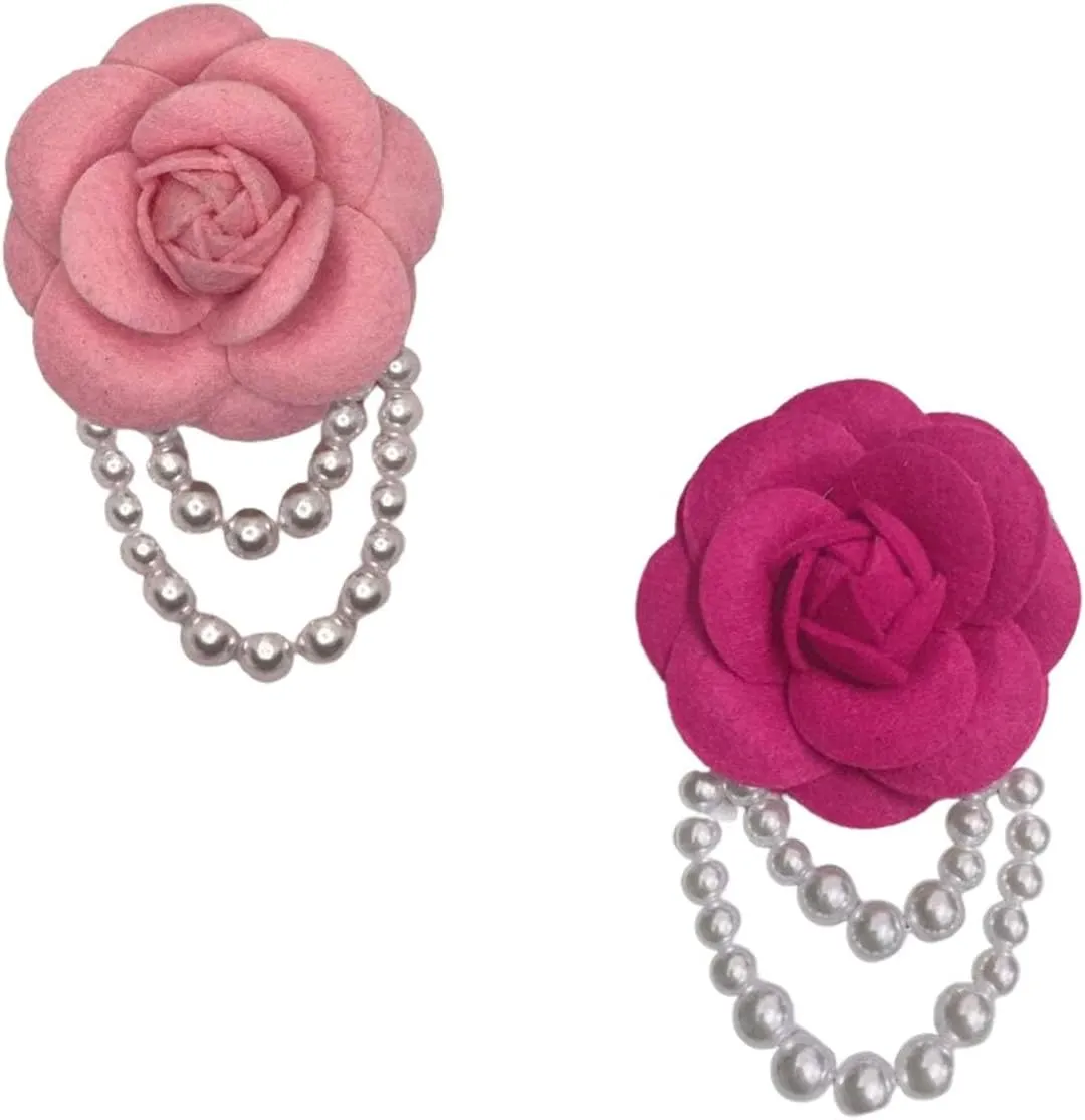 2pcs Rose Flower Brooch Pins for Women Vintage Wool Camellia Pearl Tassel Floral Brooches Pin
