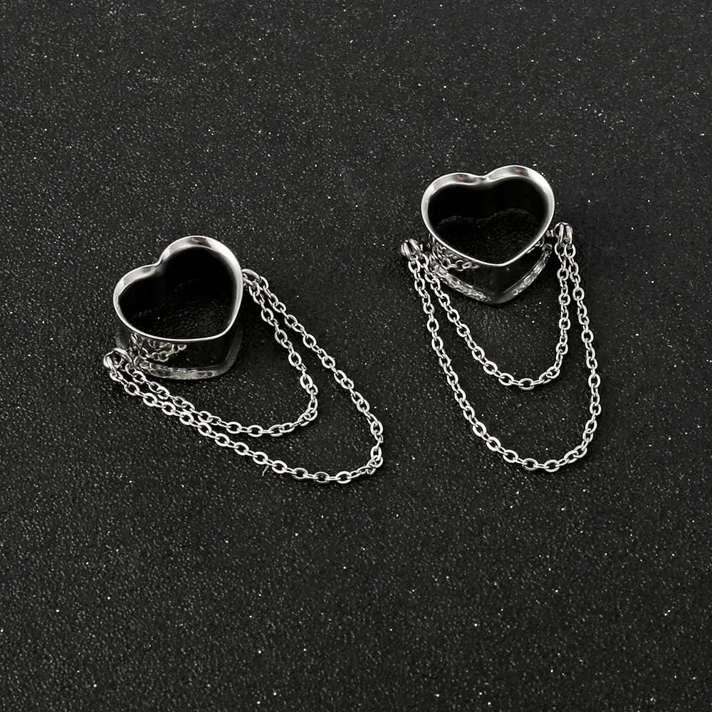 2PCS Women Dangle Earrings 6mm-25mm,(2G-1inch) Heart Double Chain Earrings Ear Tunnels hangers for stretched,Hypoallergenic Body Piercing Jewelry