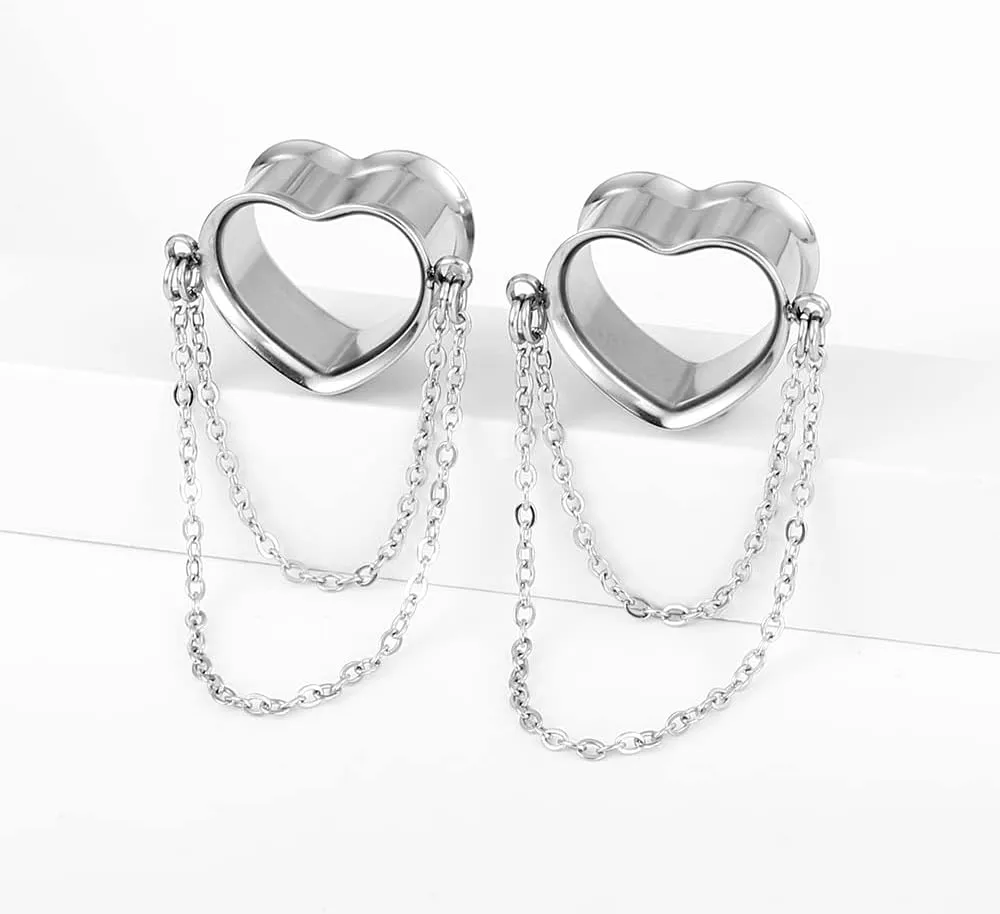 2PCS Women Dangle Earrings 6mm-25mm,(2G-1inch) Heart Double Chain Earrings Ear Tunnels hangers for stretched,Hypoallergenic Body Piercing Jewelry