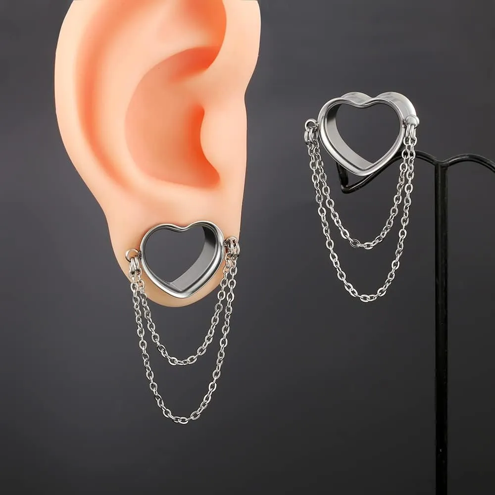 2PCS Women Dangle Earrings 6mm-25mm,(2G-1inch) Heart Double Chain Earrings Ear Tunnels hangers for stretched,Hypoallergenic Body Piercing Jewelry