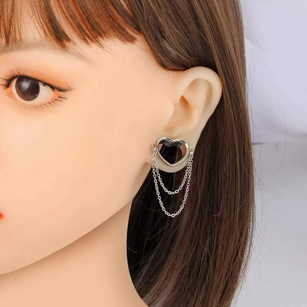 2PCS Women Dangle Earrings 6mm-25mm,(2G-1inch) Heart Double Chain Earrings Ear Tunnels hangers for stretched,Hypoallergenic Body Piercing Jewelry