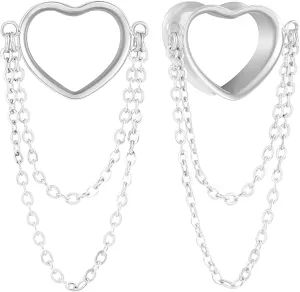 2PCS Women Dangle Earrings 6mm-25mm,(2G-1inch) Heart Double Chain Earrings Ear Tunnels hangers for stretched,Hypoallergenic Body Piercing Jewelry