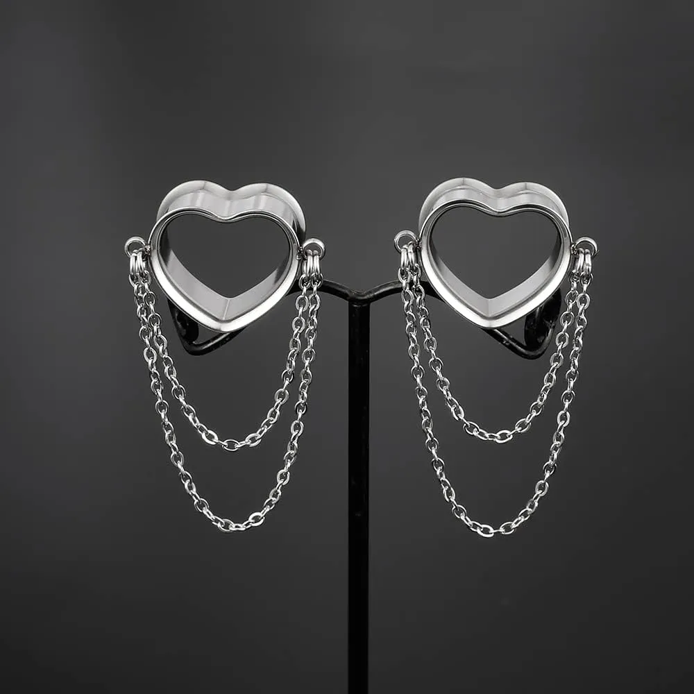2PCS Women Dangle Earrings 6mm-25mm,(2G-1inch) Heart Double Chain Earrings Ear Tunnels hangers for stretched,Hypoallergenic Body Piercing Jewelry