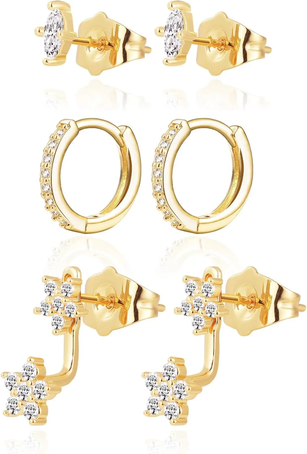 3 Pairs Hoop Earrings Set Trendy 18K Gold Plated Charm Earrings Stacks for Women Dainty,Zirconium Jackets Hoop Charm Huggie Earrings for Multiple Piercing Hypoallergenic
