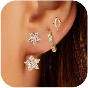 3 Pairs Hoop Earrings Set Trendy 18K Gold Plated Charm Earrings Stacks for Women Dainty,Zirconium Jackets Hoop Charm Huggie Earrings for Multiple Piercing Hypoallergenic