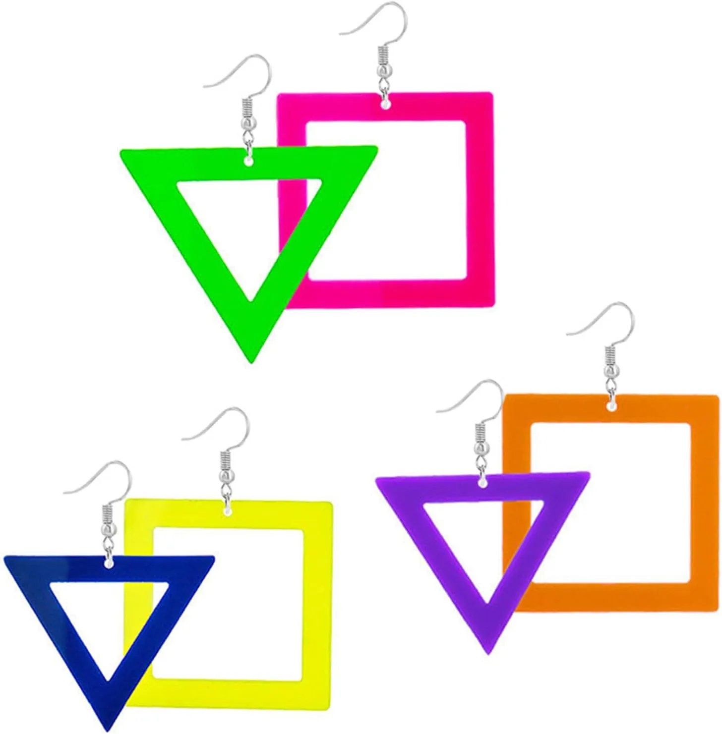 3 Pairs Neon Earrings for Women Fashion Acrylic Retro Geometric Dangle Earrings Lightweight 80s 90s Drop Earrings for 80S Costume Outfits Glow Party Accessories
