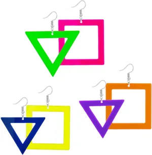 3 Pairs Neon Earrings for Women Fashion Acrylic Retro Geometric Dangle Earrings Lightweight 80s 90s Drop Earrings for 80S Costume Outfits Glow Party Accessories