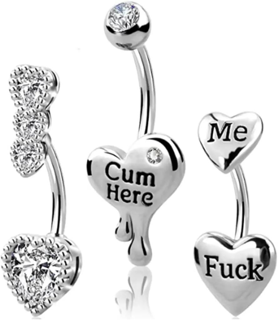 3 Pcs 14G Heart Belly Button Rings for Women Stainless Steel Cum Here Naughty Words Love Heart Belly Naval Studs Curved Barbell Ring Body Piercing Jewelry