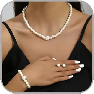 3 Pcs Pearl Jewelry Sets for Women Faux Pearl Necklace Bracelet Earrings Set Rhinestone Artificial Pearl Jewellery Accessories for Birthday Wedding Party Prom Jewelry Sets