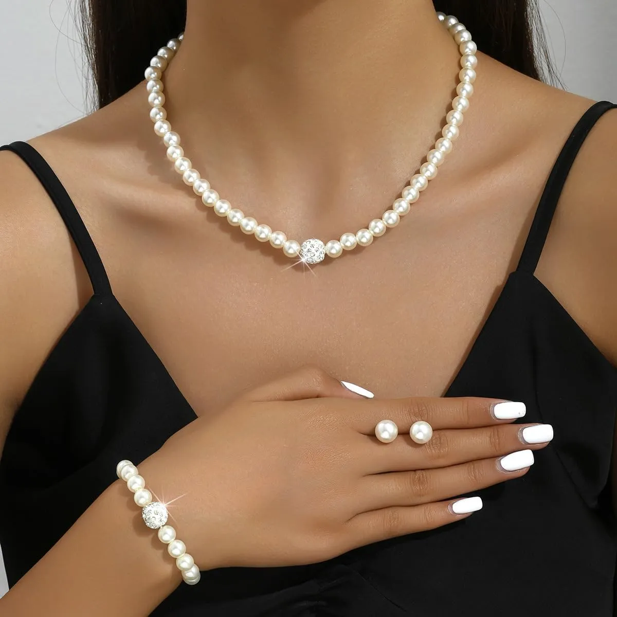 3 Pcs Pearl Jewelry Sets for Women Faux Pearl Necklace Bracelet Earrings Set Rhinestone Artificial Pearl Jewellery Accessories for Birthday Wedding Party Prom Jewelry Sets