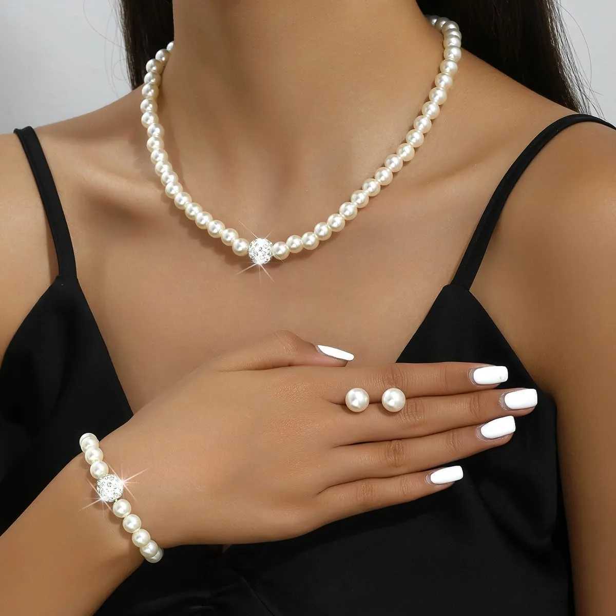 3 Pcs Pearl Jewelry Sets for Women Faux Pearl Necklace Bracelet Earrings Set Rhinestone Artificial Pearl Jewellery Accessories for Birthday Wedding Party Prom Jewelry Sets