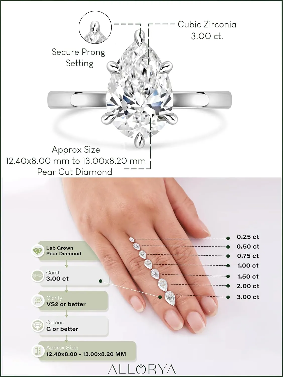 3.00 Carat Pear Shape Cubic Zirconia Sparkling Solitaire Engagement Ring for Women in 925 Sterling Silver