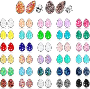 32 Pairs Faux Druzy Stud Earrings Stainless Steel Druzy Stud Earrings Glitter Pierced Earrings for Women (Water drop Shape)
