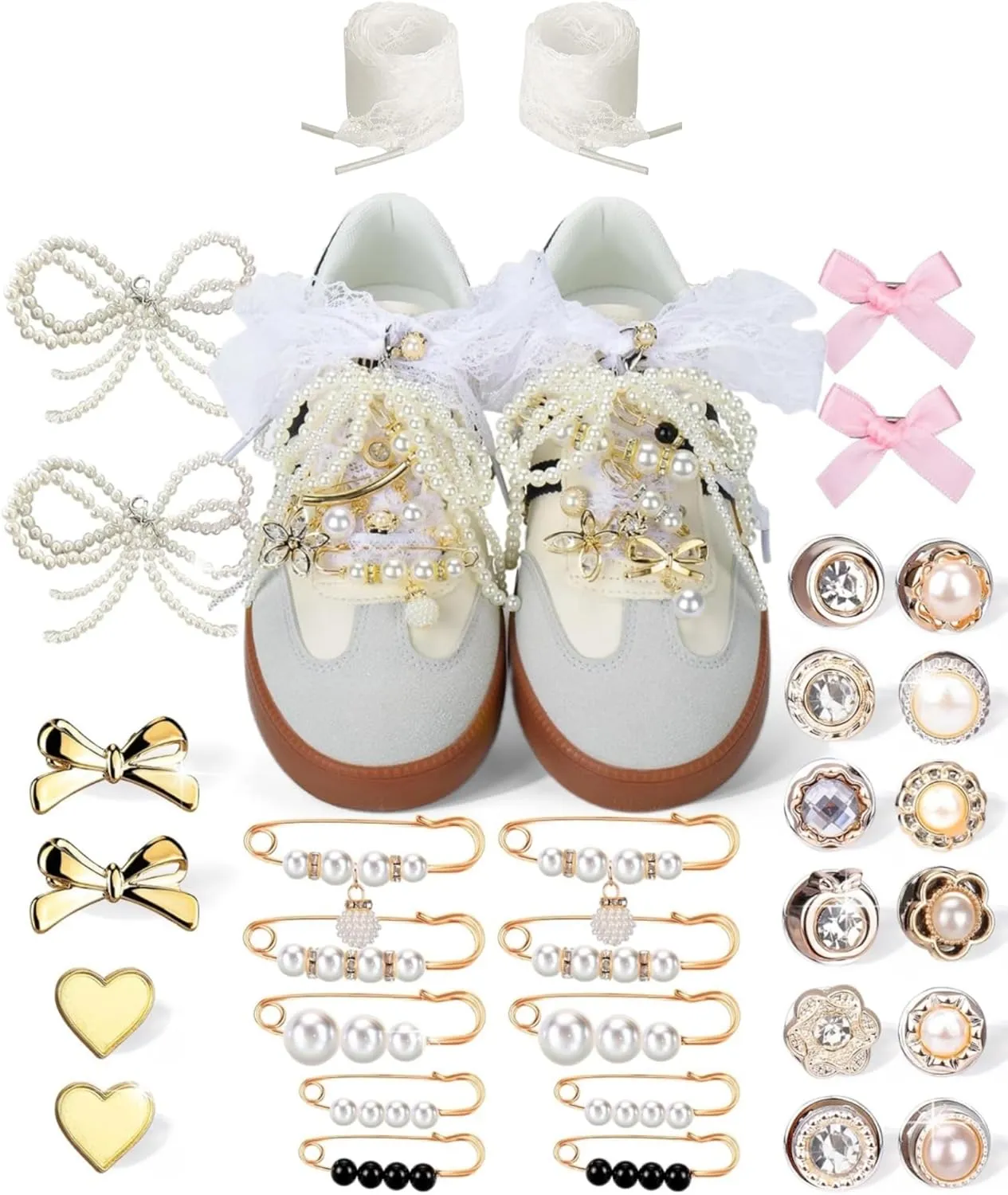 32 PCS Shoe Charms for Sneakers - DIY Shoe Lace Rhinestone Charms Contain Bows/Clips/Pins/Jewelry/Shoelace, Beaded Chain Shoe Accessories Gift Decoration and Jewelry for Shoes