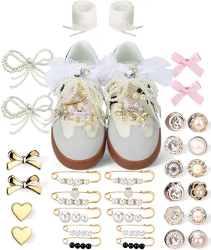 32 PCS Shoe Charms for Sneakers - DIY Shoe Lace Rhinestone Charms Contain Bows/Clips/Pins/Jewelry/Shoelace, Beaded Chain Shoe Accessories Gift Decoration and Jewelry for Shoes