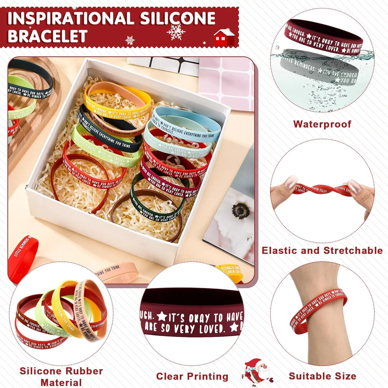 36 Pcs Mental Health Awareness Wristbands Bulk Colored Inspirational Motivational Silicone Stretch Bracelets Positive Daily Affirmation Fathers Day Gifts for Women Men