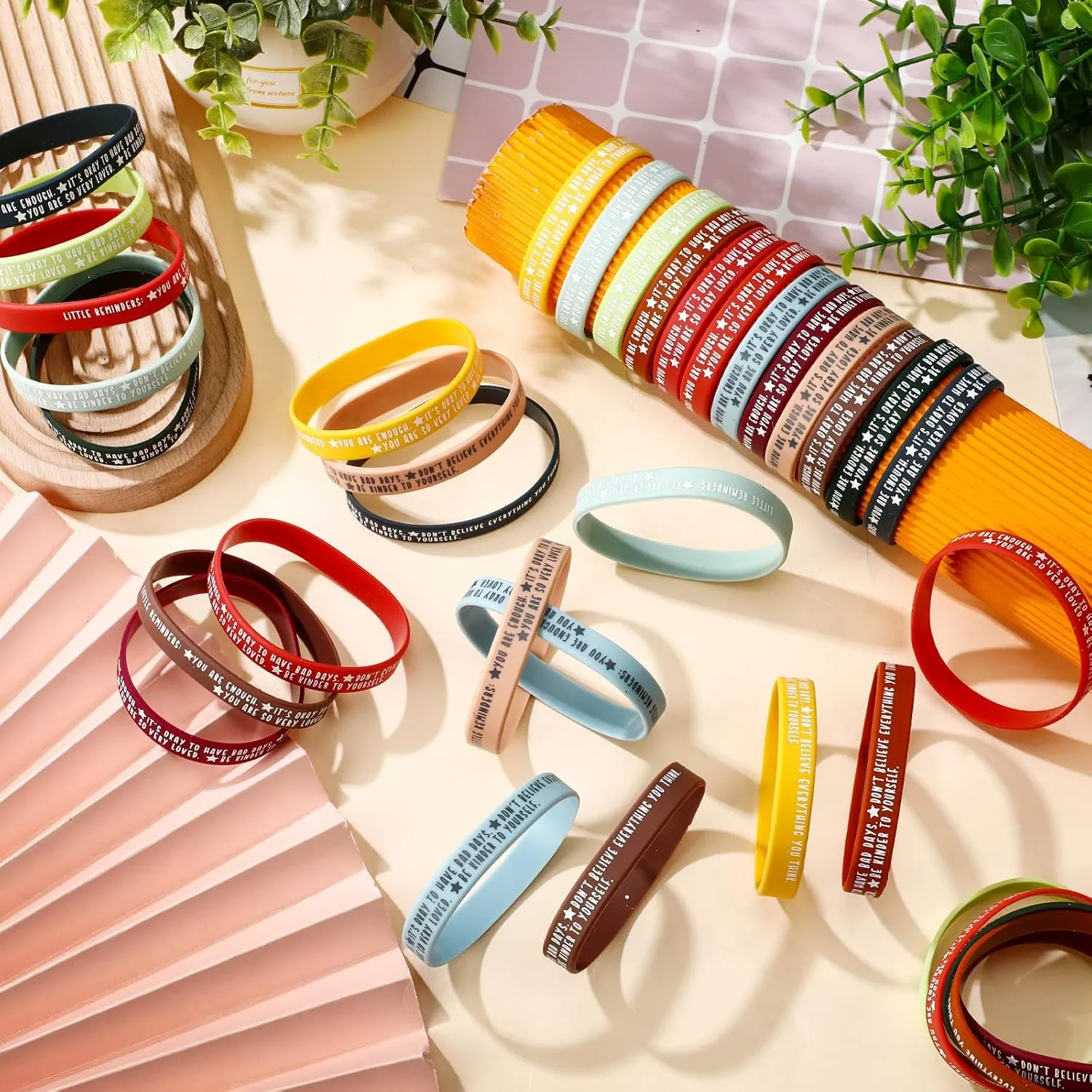 36 Pcs Mental Health Awareness Wristbands Bulk Colored Inspirational Motivational Silicone Stretch Bracelets Positive Daily Affirmation Fathers Day Gifts for Women Men