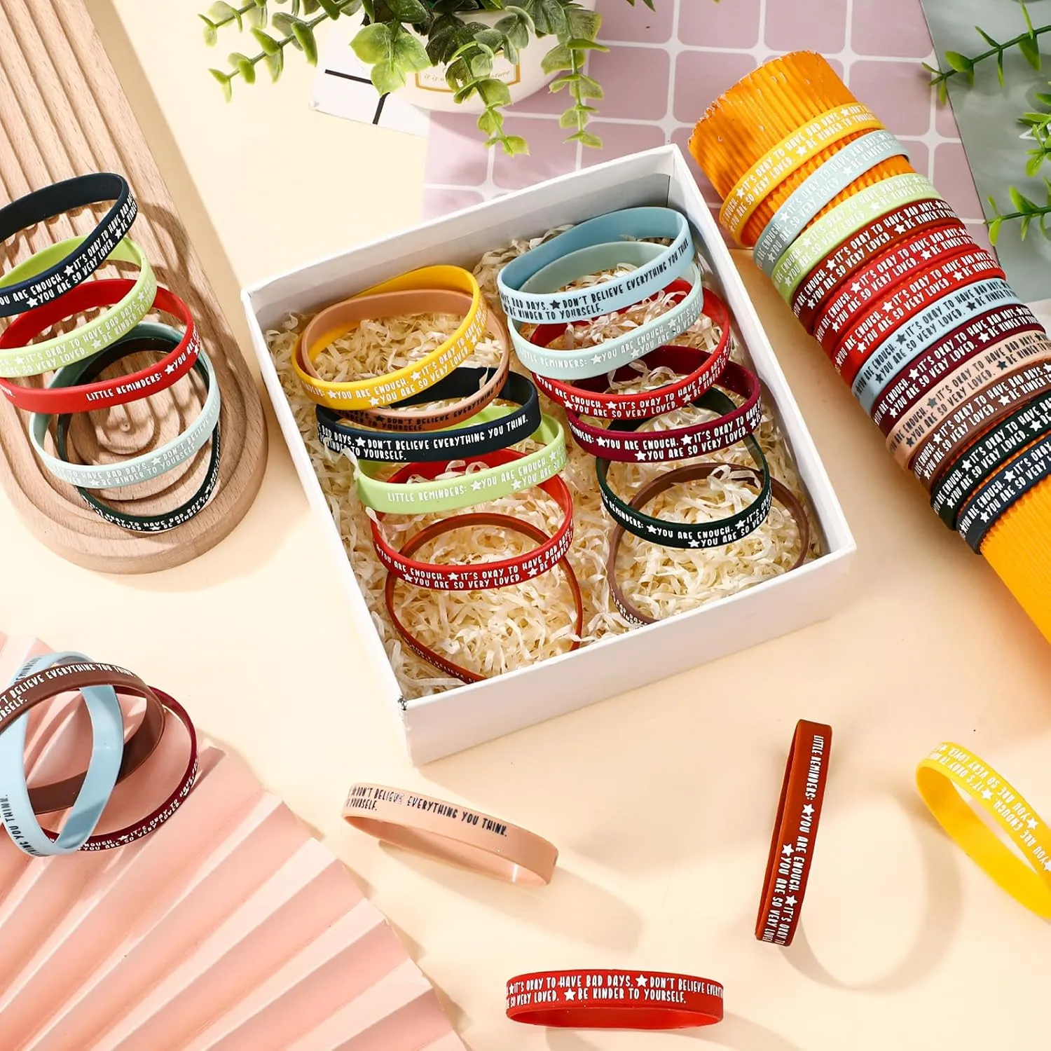 36 Pcs Mental Health Awareness Wristbands Bulk Colored Inspirational Motivational Silicone Stretch Bracelets Positive Daily Affirmation Fathers Day Gifts for Women Men