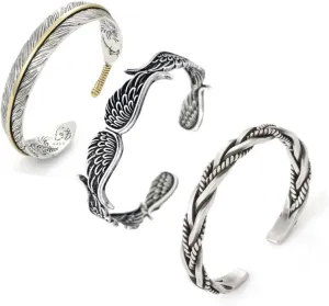 3pcs vintage silver plated bracelet, Angel wings/feathers/twisted woven open bracelet jewelry gift