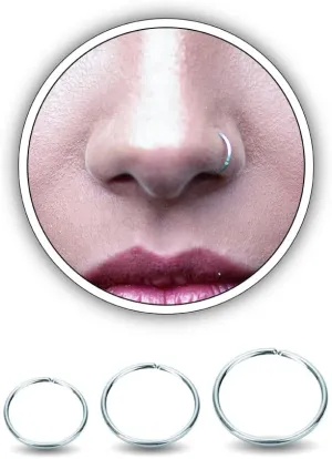 3pk Nose Rings Hoops Silver, Thin Surgical Steel Nose Septum Ring Earring lip Piercing Jewelry, 20g 6mm 8mm 10mm