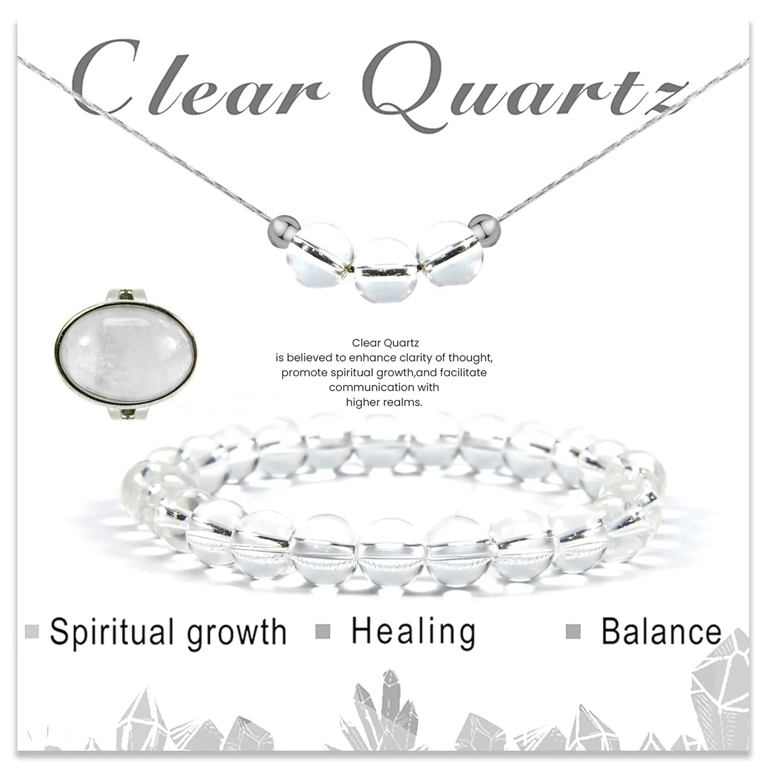 3PS Clear Quartz Bracelet - Necklace - Ring Set, 8MM Healing Crystals Bracelets April Birthstone Necklace Crystal Rings White Jewelry Set for Women, Inspirational Gifts for Women