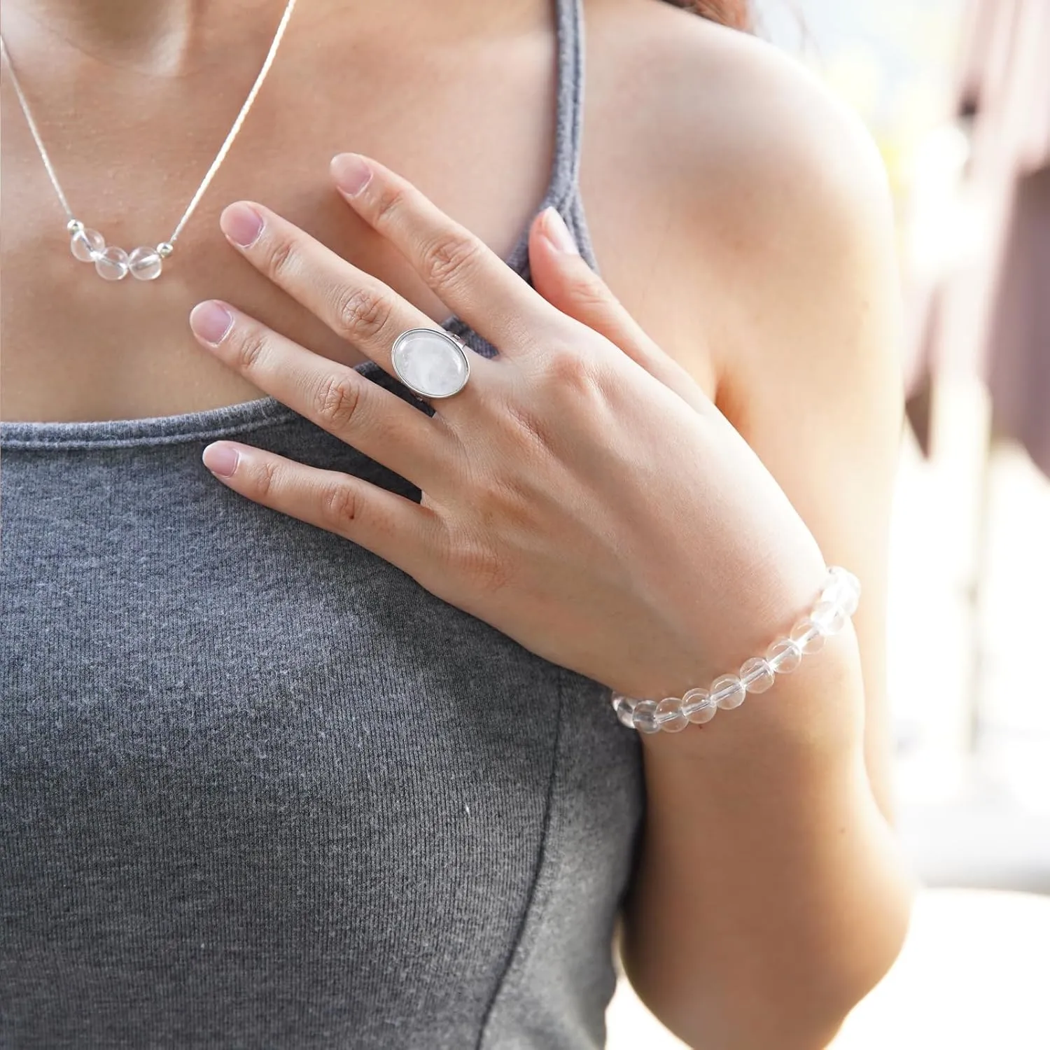 3PS Clear Quartz Bracelet - Necklace - Ring Set, 8MM Healing Crystals Bracelets April Birthstone Necklace Crystal Rings White Jewelry Set for Women, Inspirational Gifts for Women