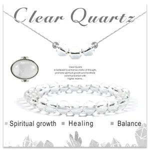 3PS Clear Quartz Bracelet - Necklace - Ring Set, 8MM Healing Crystals Bracelets April Birthstone Necklace Crystal Rings White Jewelry Set for Women, Inspirational Gifts for Women