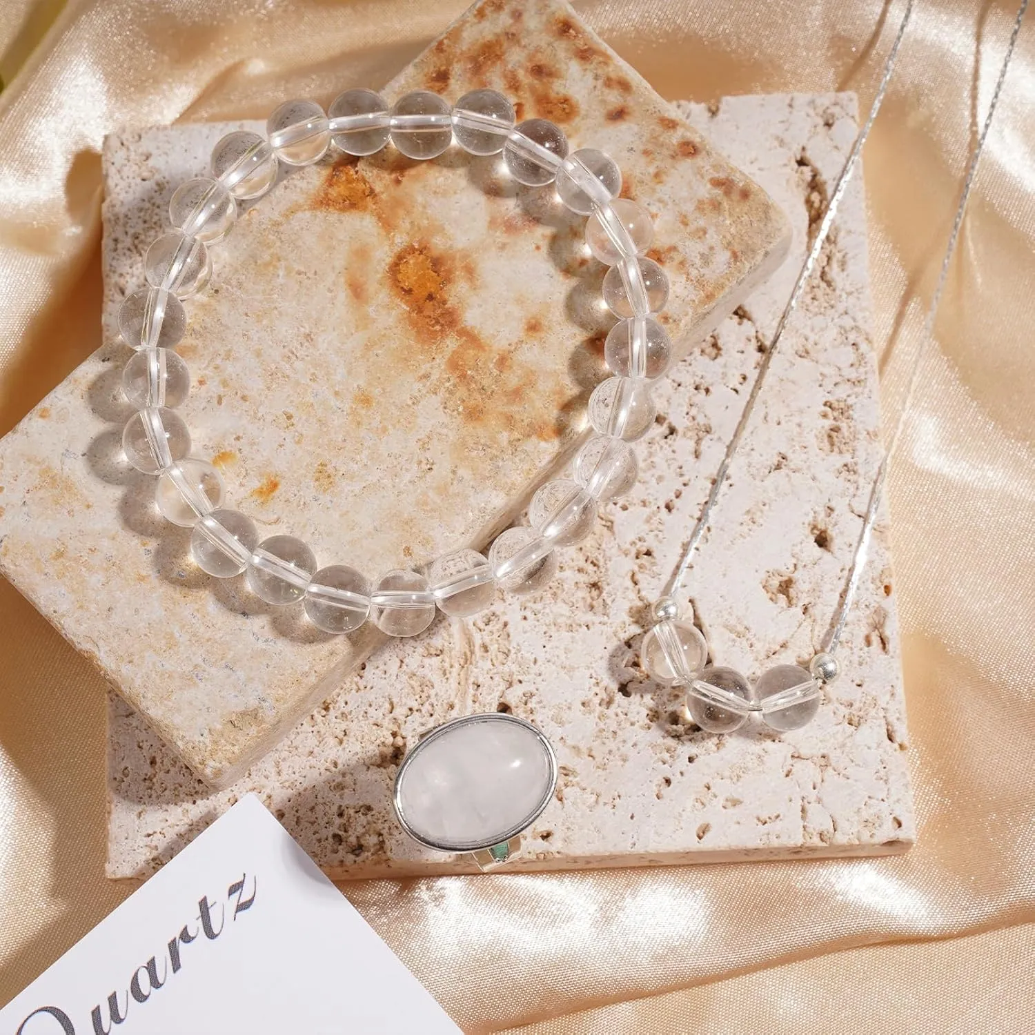 3PS Clear Quartz Bracelet - Necklace - Ring Set, 8MM Healing Crystals Bracelets April Birthstone Necklace Crystal Rings White Jewelry Set for Women, Inspirational Gifts for Women