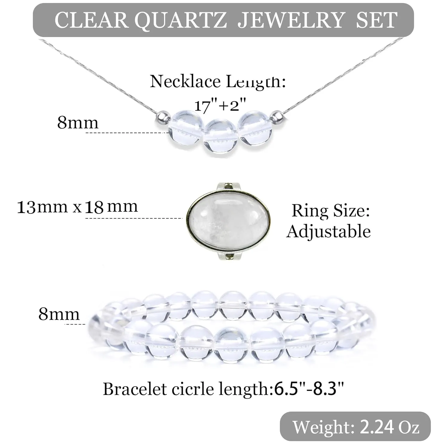 3PS Clear Quartz Bracelet - Necklace - Ring Set, 8MM Healing Crystals Bracelets April Birthstone Necklace Crystal Rings White Jewelry Set for Women, Inspirational Gifts for Women