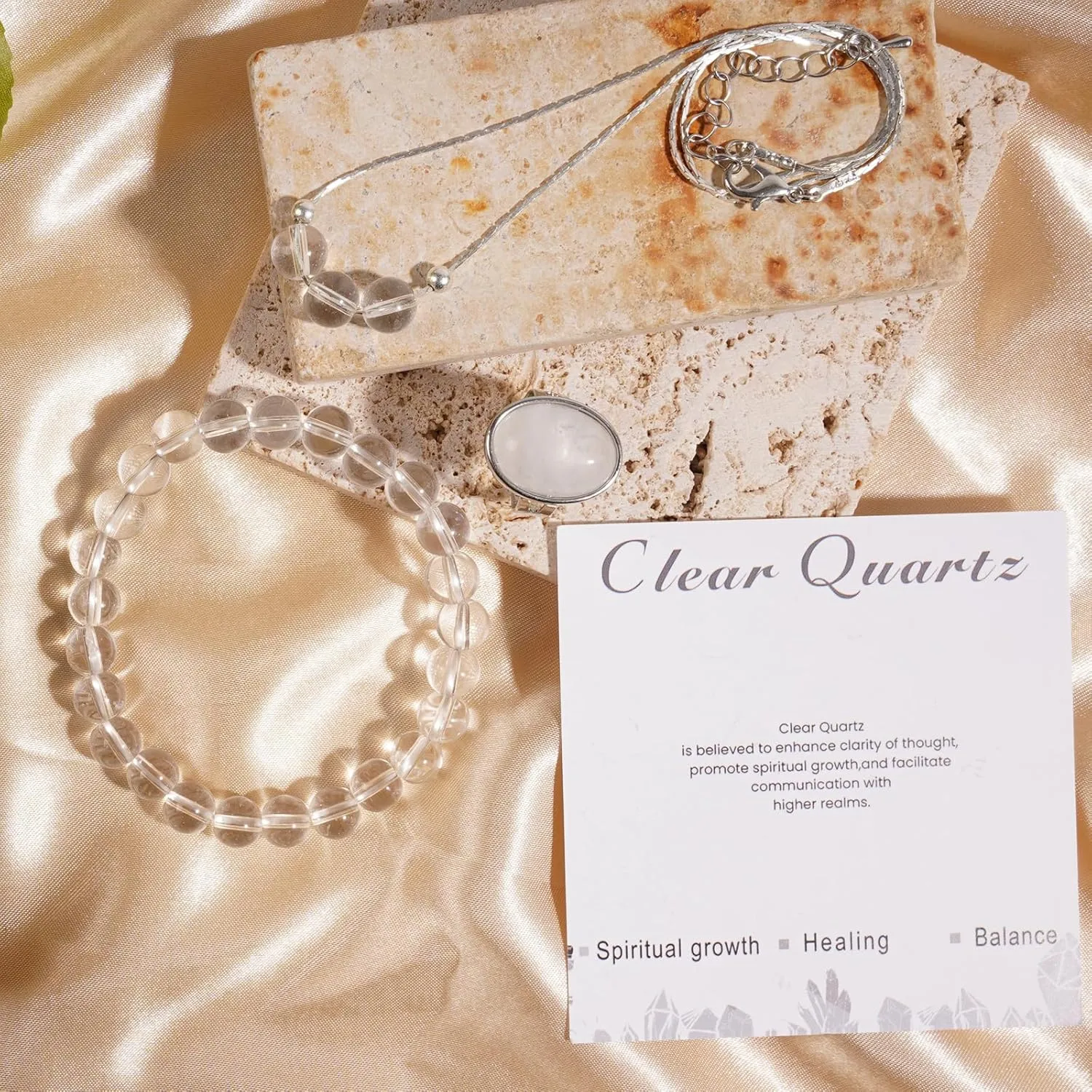 3PS Clear Quartz Bracelet - Necklace - Ring Set, 8MM Healing Crystals Bracelets April Birthstone Necklace Crystal Rings White Jewelry Set for Women, Inspirational Gifts for Women