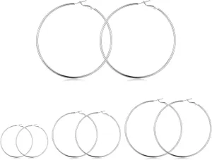 4 Pairs Sterling Silver Hoop Earrings, 14k White Gold Plated Big Hoop Earrings Set for Women (30 40 50 60MM)