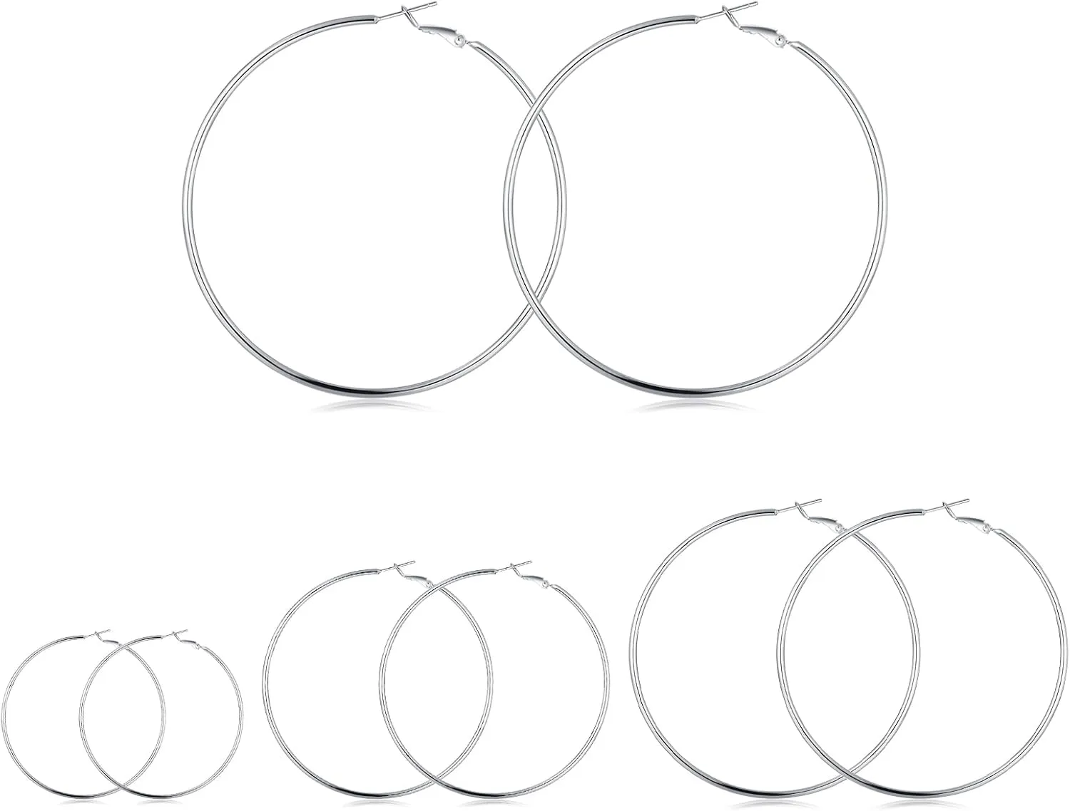 4 Pairs Sterling Silver Hoop Earrings, 14k White Gold Plated Big Hoop Earrings Set for Women (30 40 50 60MM)