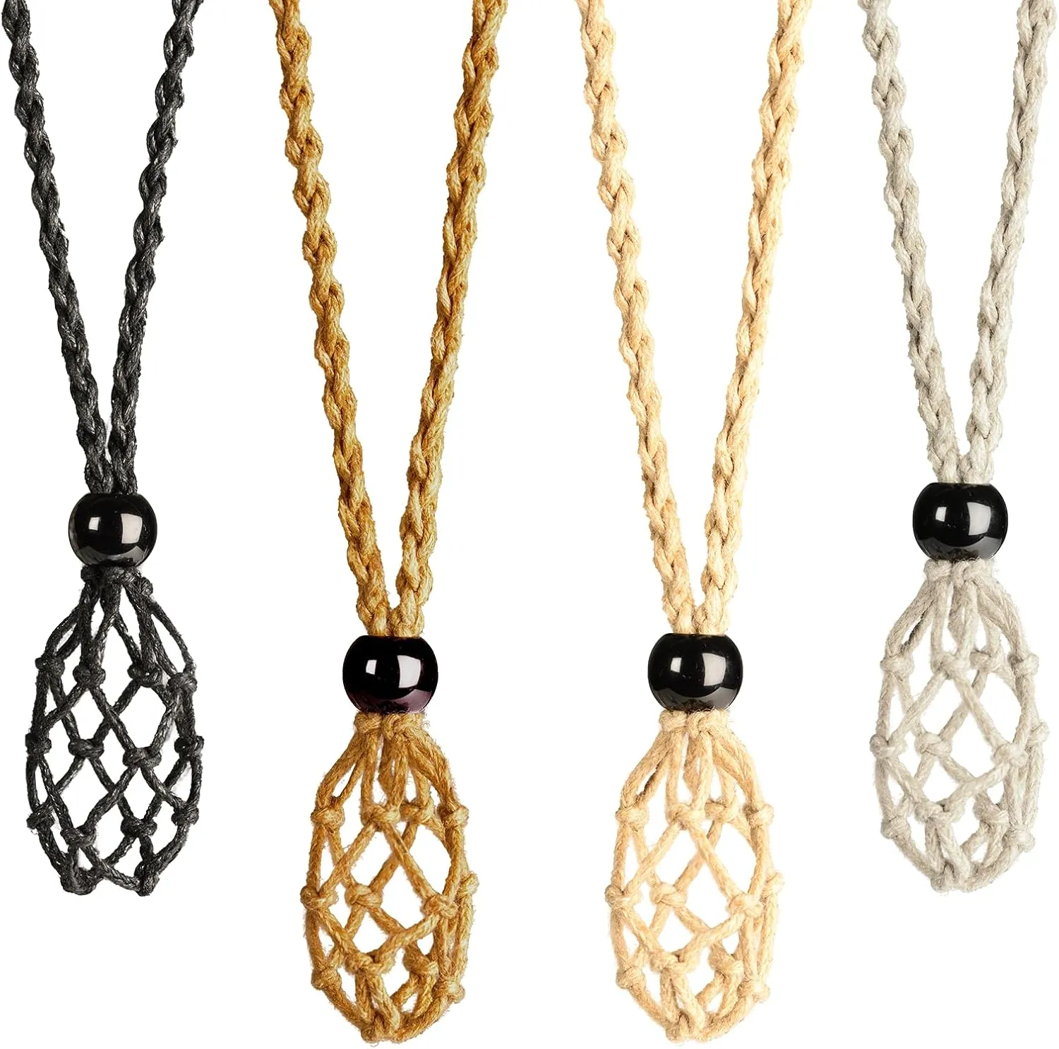 4 PCS Crystal Cage Necklace With Adjustable Length Cord - Empty Stone Pendant Holder - Hand-Woven Replacement