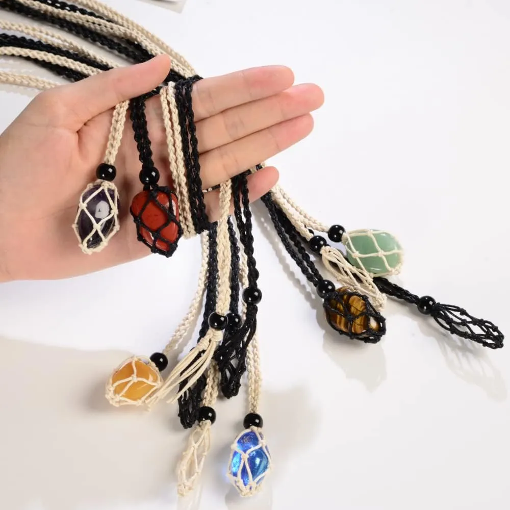 4 PCS Crystal Cage Necklace With Adjustable Length Cord - Empty Stone Pendant Holder - Hand-Woven Replacement