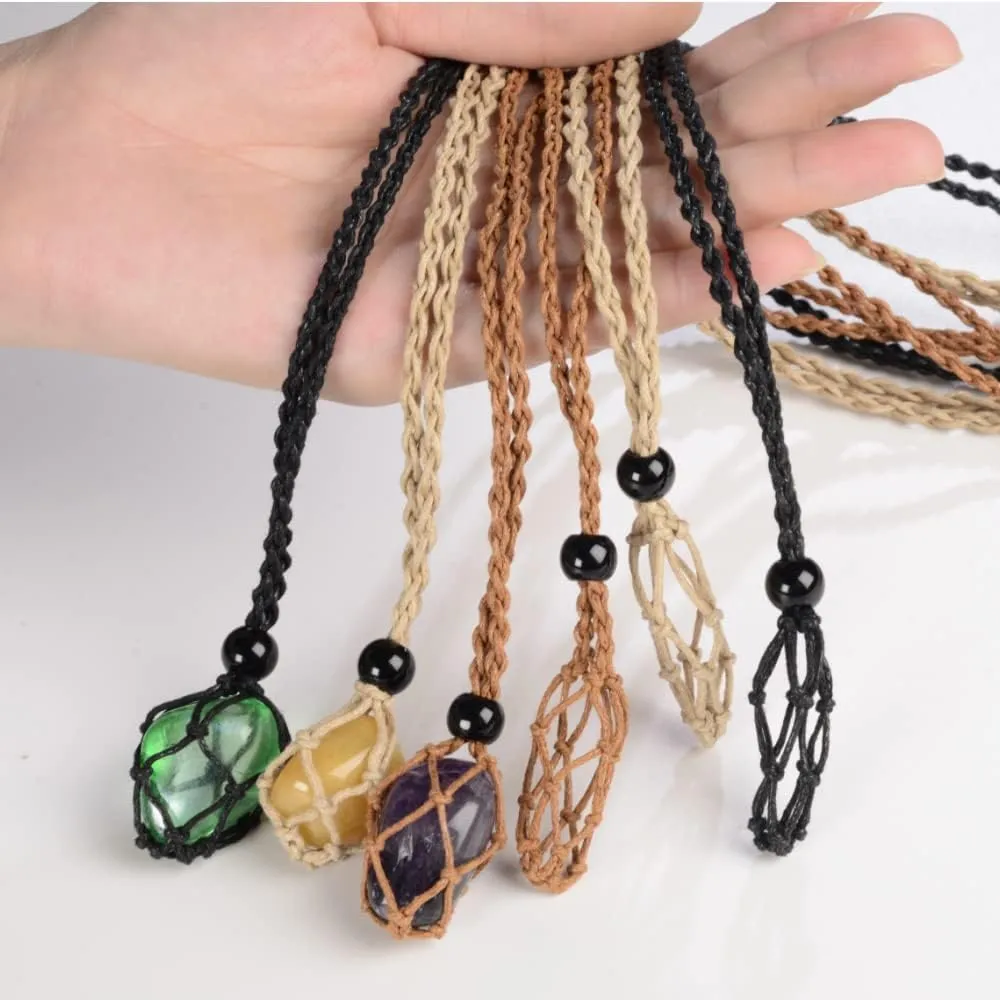 4 PCS Crystal Cage Necklace With Adjustable Length Cord - Empty Stone Pendant Holder - Hand-Woven Replacement