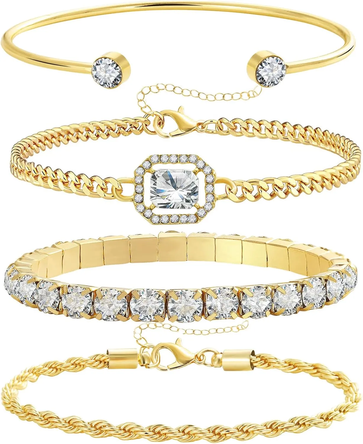 4 Pcs Dainty Gold Silver Bracelets Set for Women 14K Plated Link Cubic Zirconia Paperclip Stake Layering Chain Adjustable Trendy Hand Jewelry