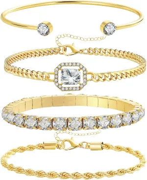4 Pcs Dainty Gold Silver Bracelets Set for Women 14K Plated Link Cubic Zirconia Paperclip Stake Layering Chain Adjustable Trendy Hand Jewelry