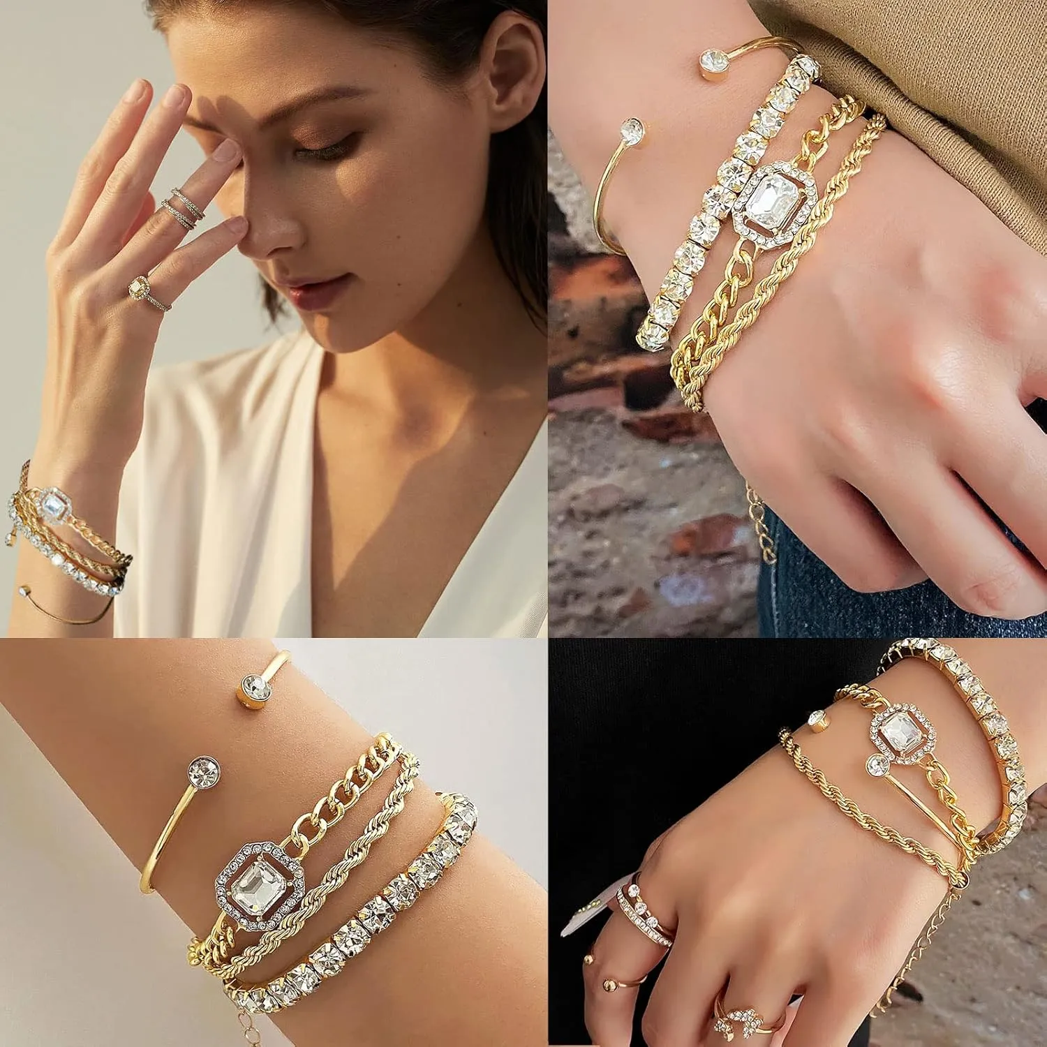 4 Pcs Dainty Gold Silver Bracelets Set for Women 14K Plated Link Cubic Zirconia Paperclip Stake Layering Chain Adjustable Trendy Hand Jewelry