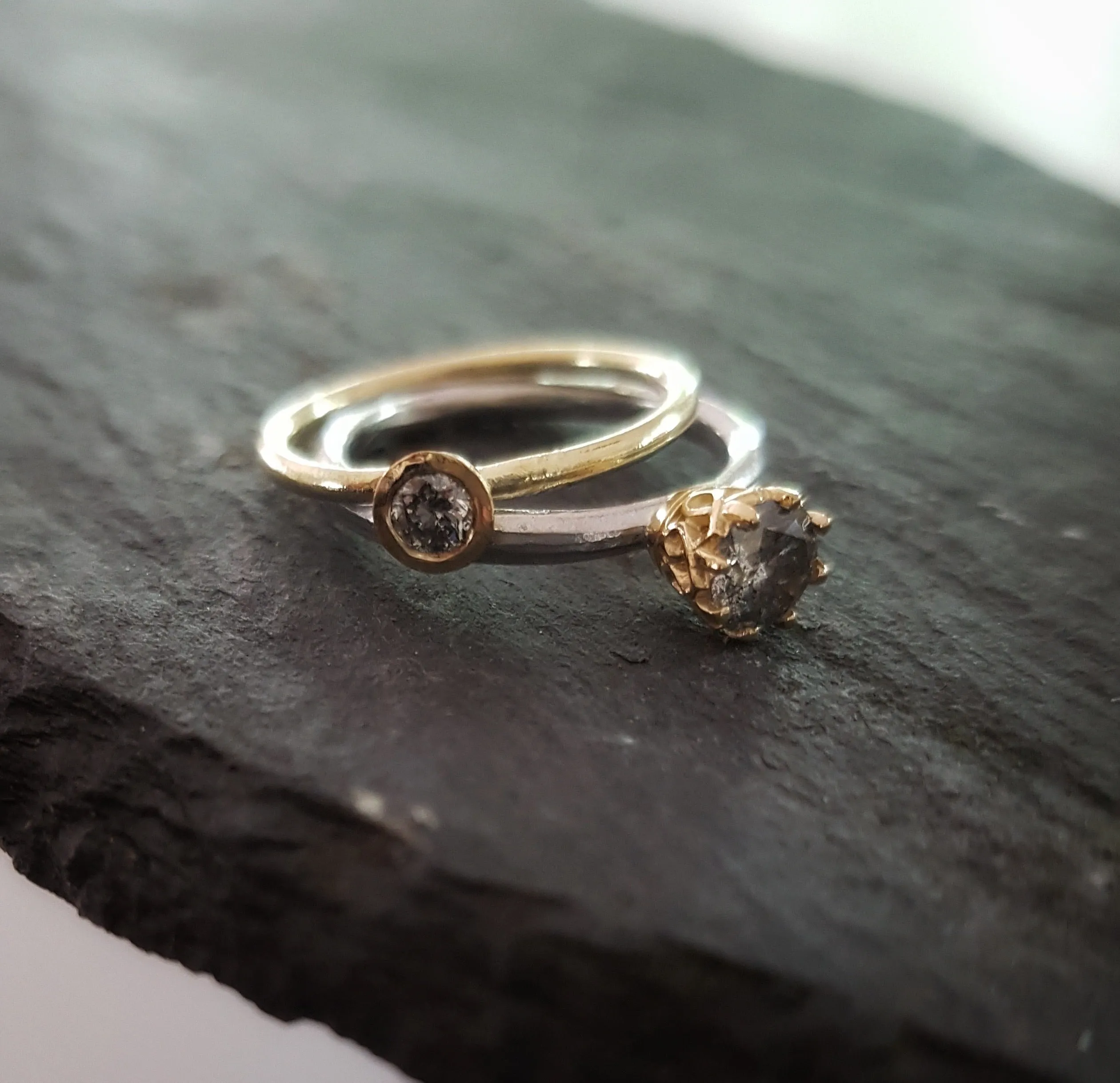 4mm collet set salt and pepper diamond on 18ct yellow gold