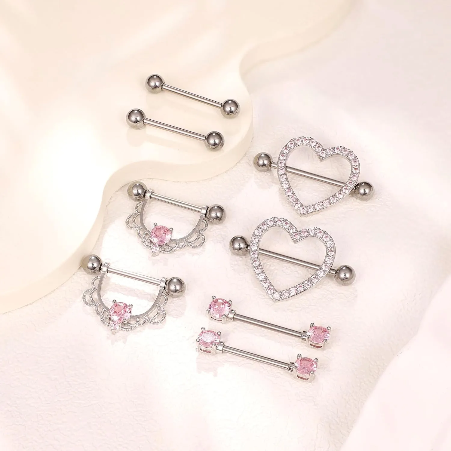 4Pairs 14G G23 Titanium Nipple Rings for Women Heart Flower CZ Barbell Nipplerings Hypoallergenic Cute Nipple Piercing Jewelry