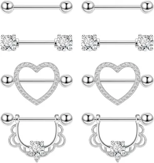 4Pairs 14G G23 Titanium Nipple Rings for Women Heart Flower CZ Barbell Nipplerings Hypoallergenic Cute Nipple Piercing Jewelry
