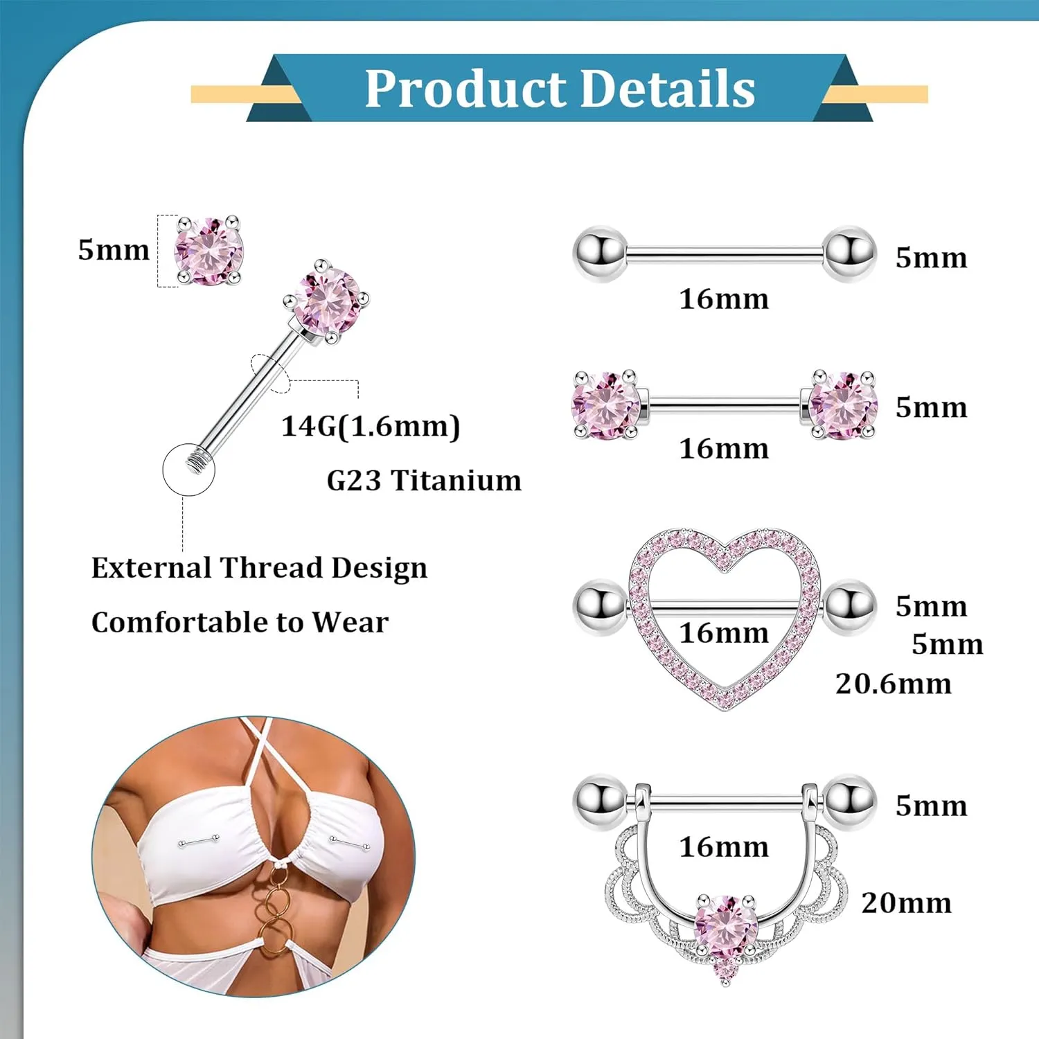 4Pairs 14G G23 Titanium Nipple Rings for Women Heart Flower CZ Barbell Nipplerings Hypoallergenic Cute Nipple Piercing Jewelry