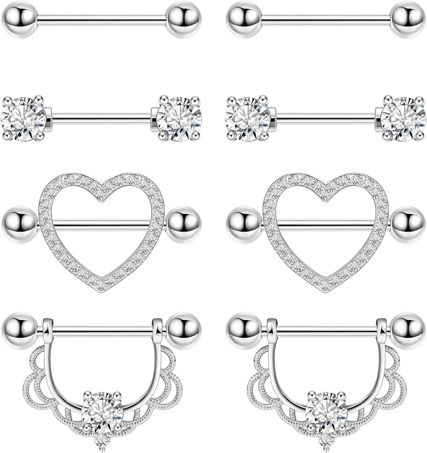 4Pairs 14G G23 Titanium Nipple Rings for Women Heart Flower CZ Barbell Nipplerings Hypoallergenic Cute Nipple Piercing Jewelry