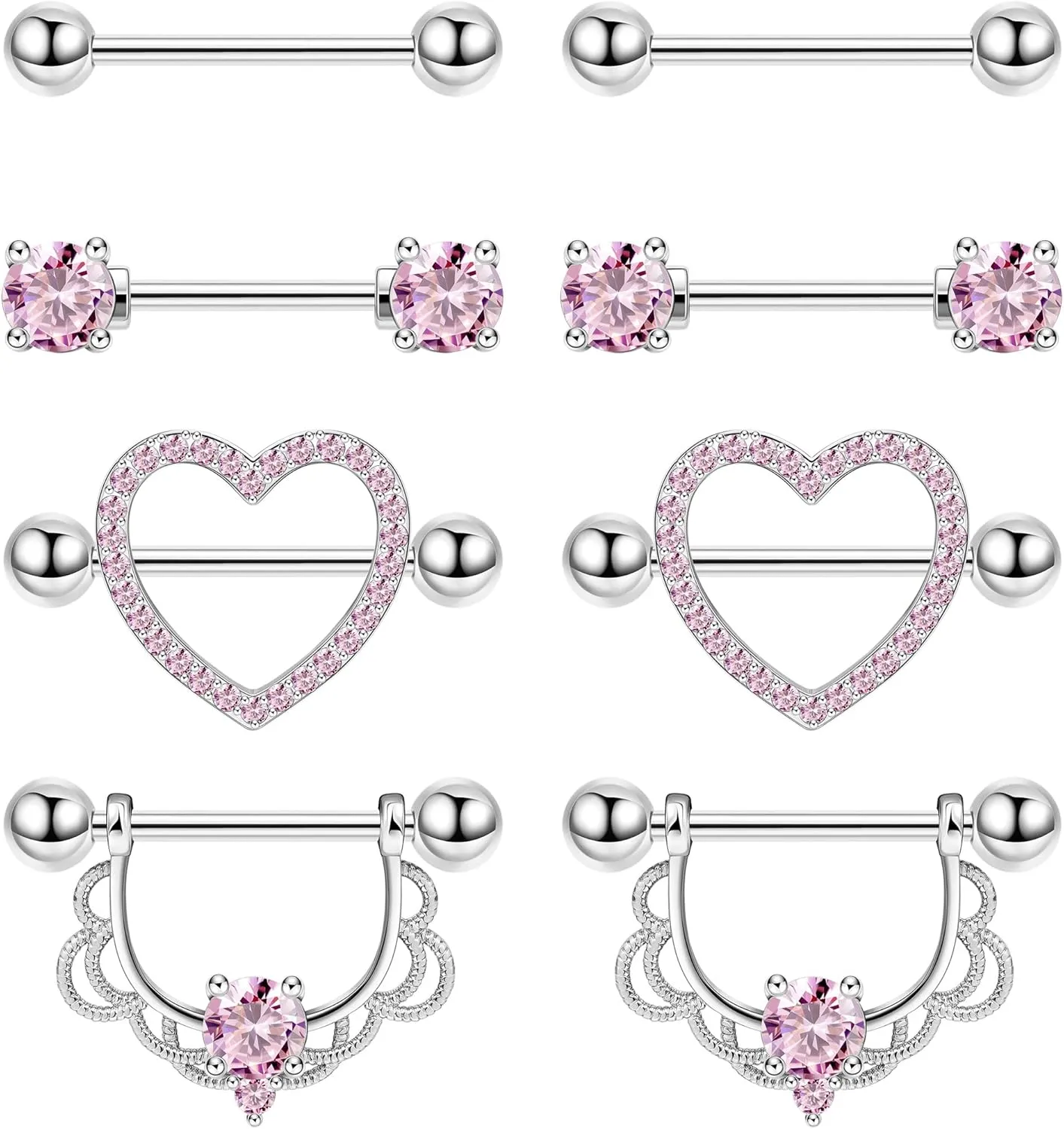 4Pairs 14G G23 Titanium Nipple Rings for Women Heart Flower CZ Barbell Nipplerings Hypoallergenic Cute Nipple Piercing Jewelry