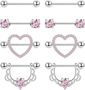 4Pairs 14G G23 Titanium Nipple Rings for Women Heart Flower CZ Barbell Nipplerings Hypoallergenic Cute Nipple Piercing Jewelry