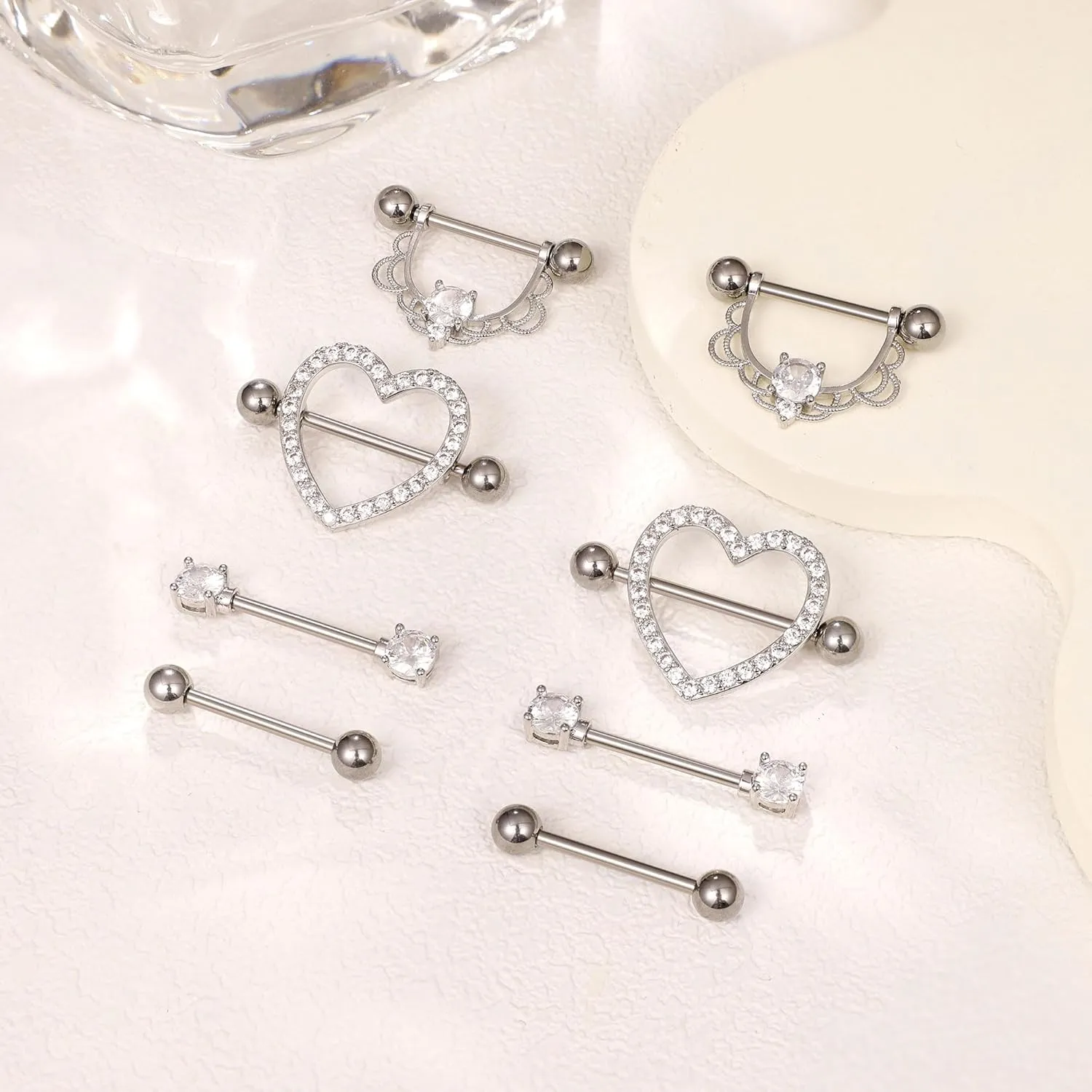 4Pairs 14G G23 Titanium Nipple Rings for Women Heart Flower CZ Barbell Nipplerings Hypoallergenic Cute Nipple Piercing Jewelry